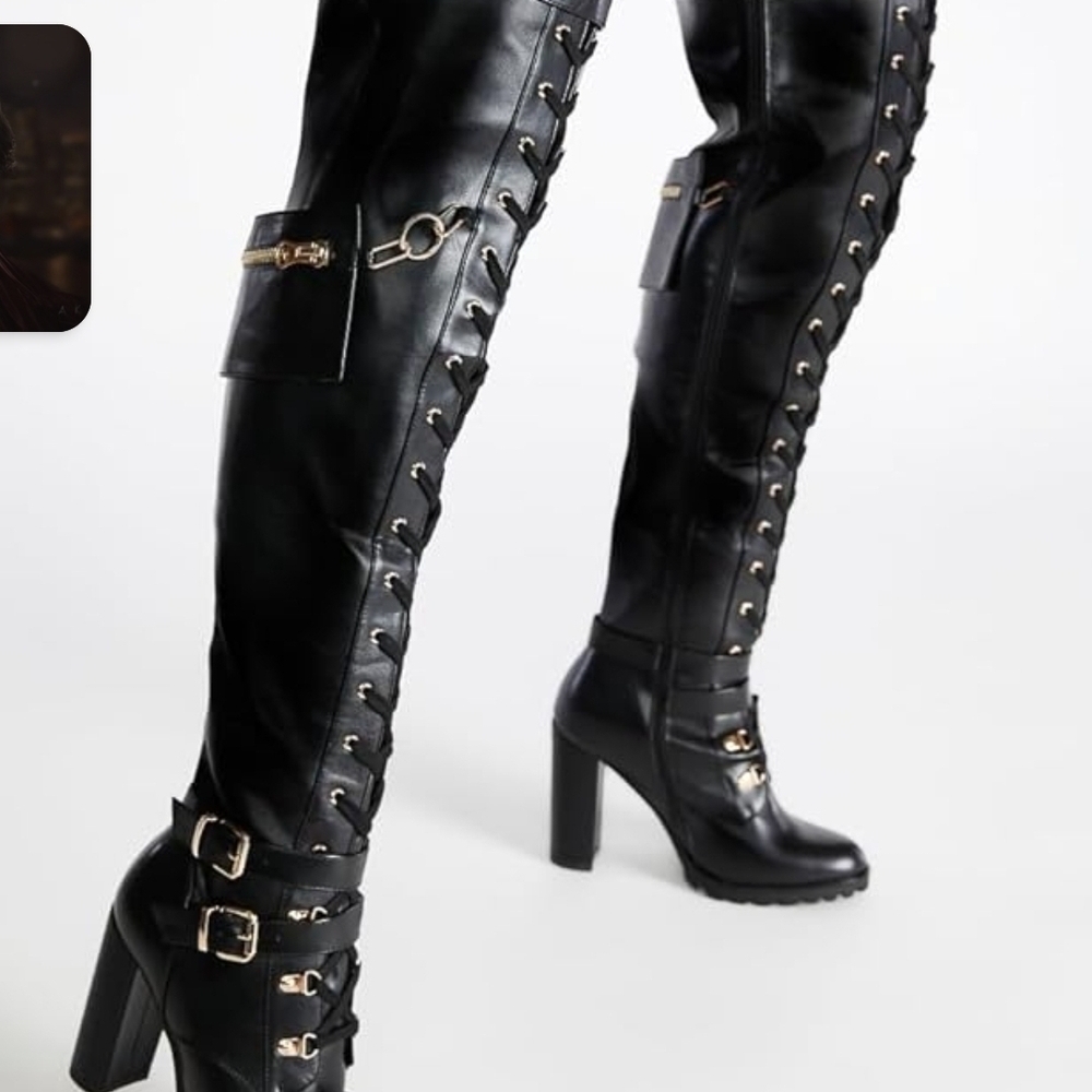 Shoe Dazzle Black Over the Knee Lace-Up Boots